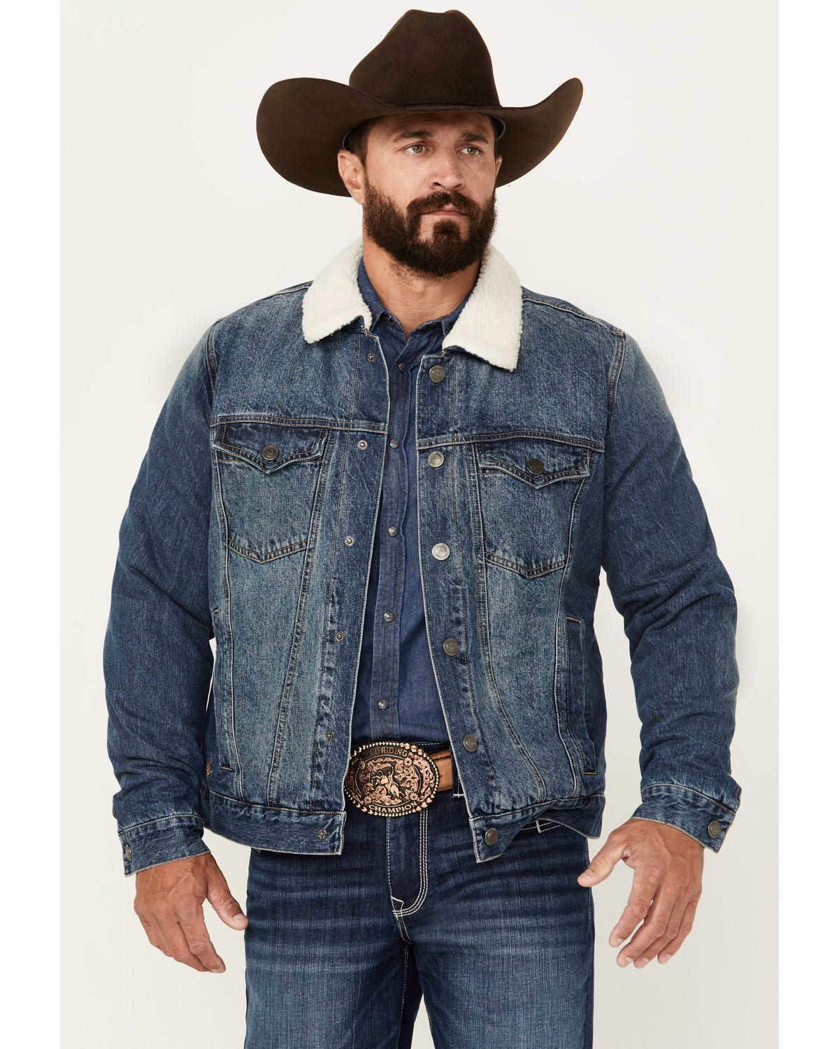 Men's Medium Wash Snap Sherpa Denim Jacket | Cody James Clothing