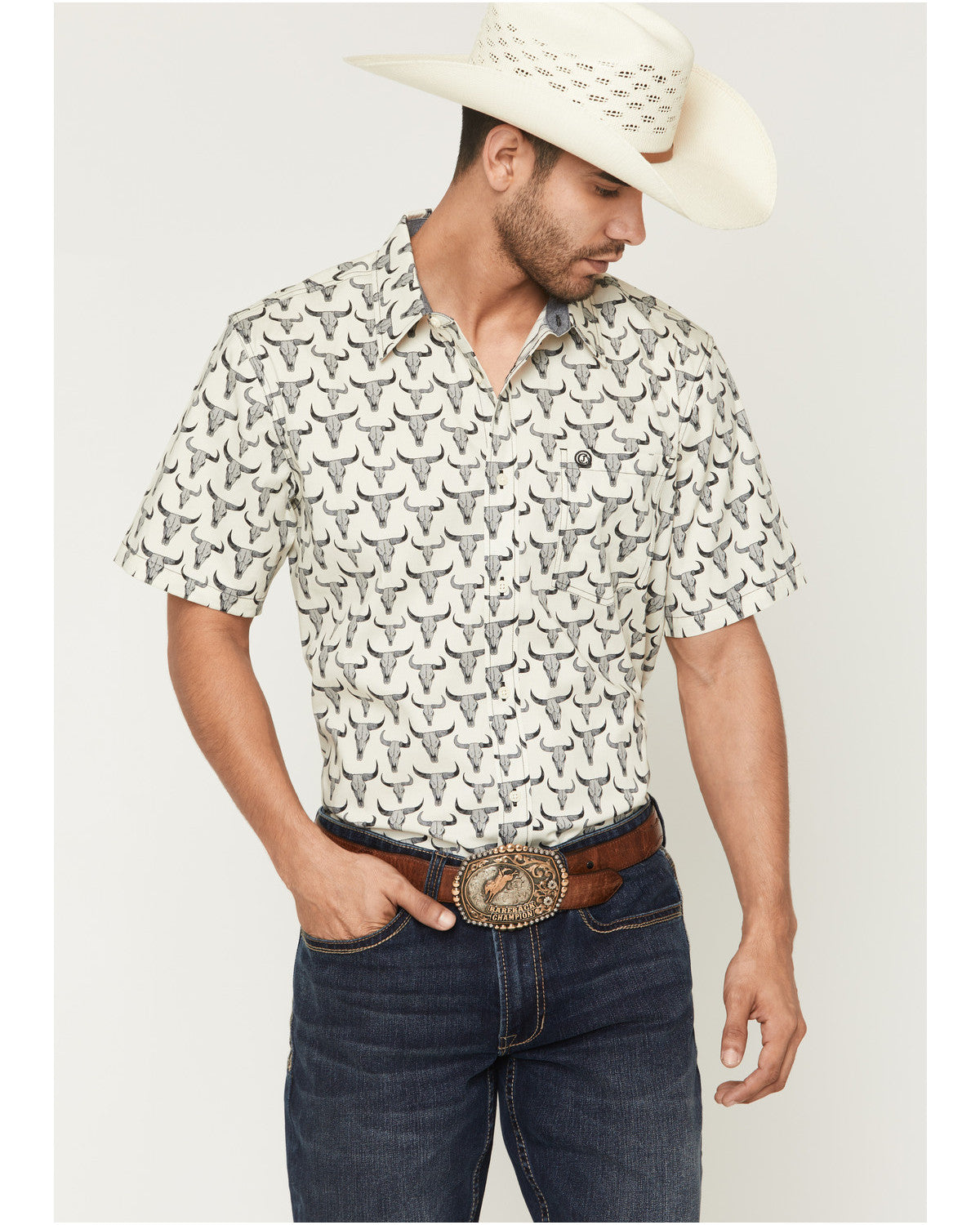 Men's Toro Steer Head Print Short Sleeve Button-Down Stretc | Cody James Clothing
