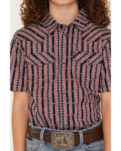 Boys' Steer Head Stars & Stripes Short Sleeve Snap Western | Cody James Clothing|Boys