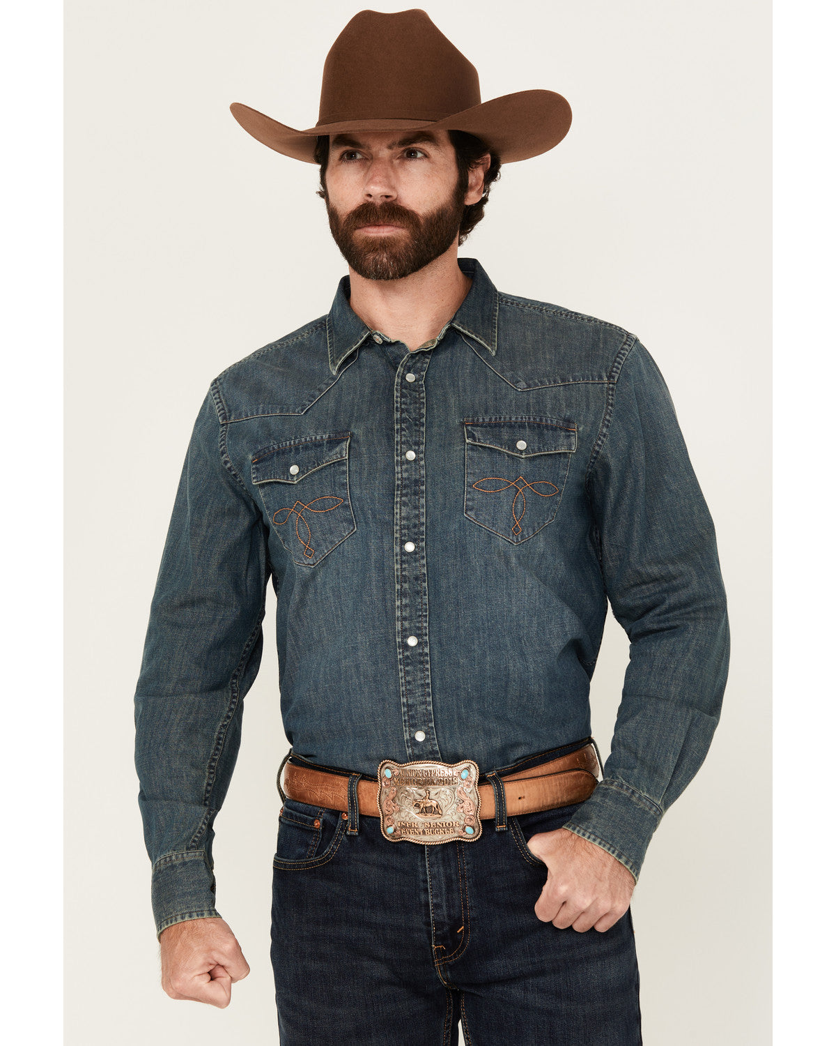 Men's Medium Wash Denim Long Sleeve Pearl Snap Western Shir | Cody James Clothing
