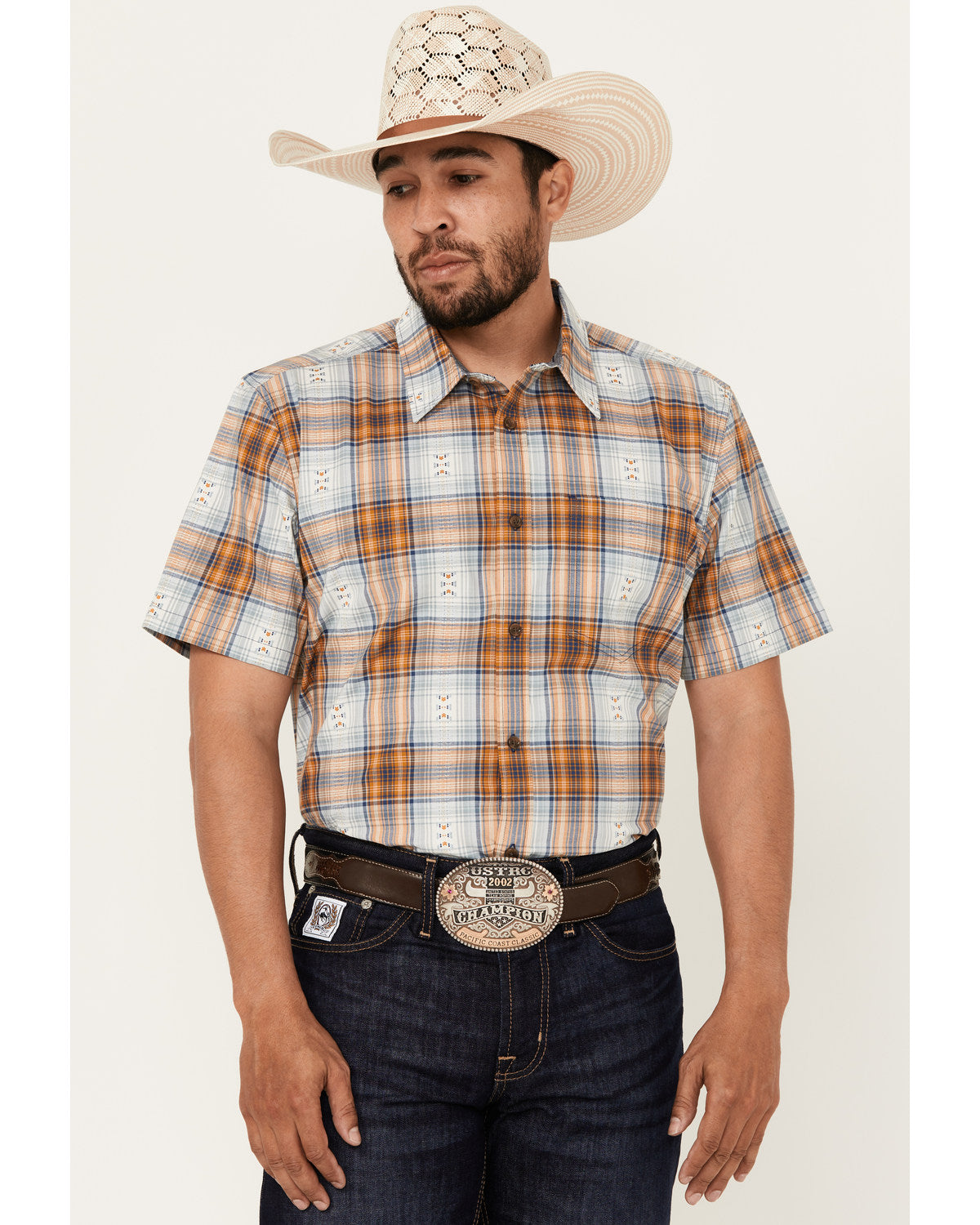 Men's Spur Dobby Plaid Print Short Sleeve Button-Down Stret | Cody James Clothing|Sale