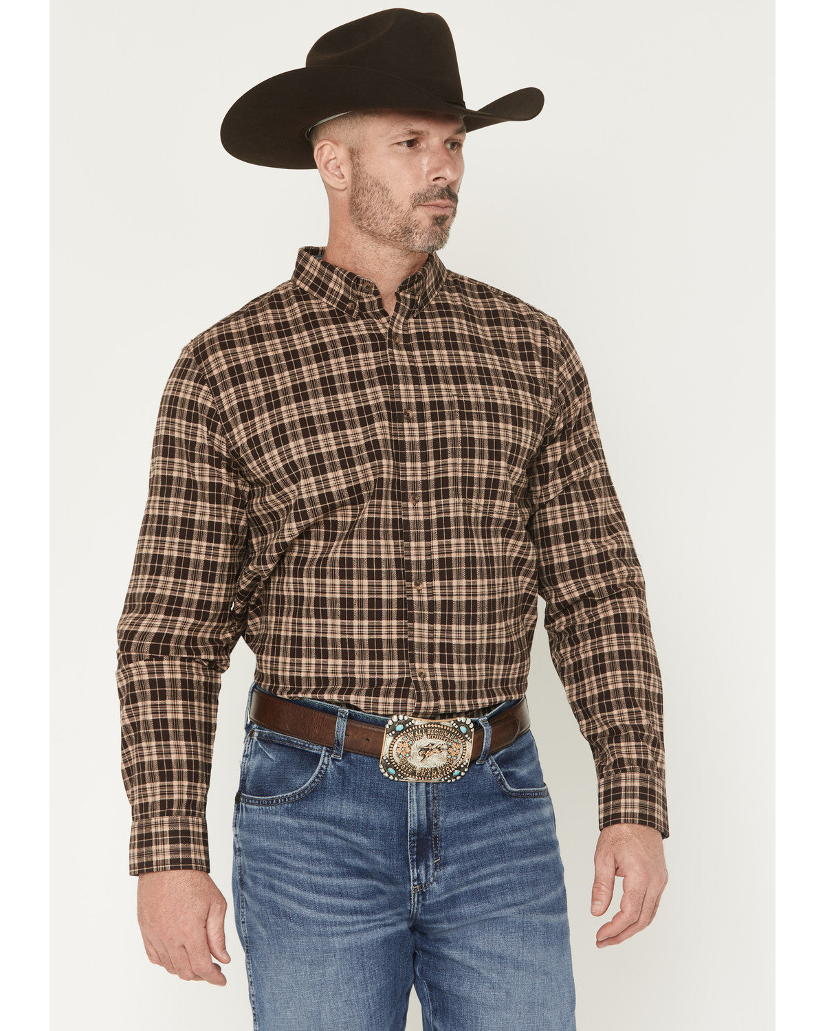 Men's Whiskey Ranch Plaid Print Long Sleeve Button-Down Str | Cody James Clothing